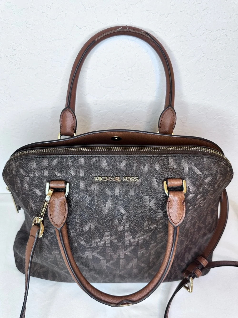 Michael Kors Jet Set Travel Large Satchel Brown MK Signature PVC Leather Trim